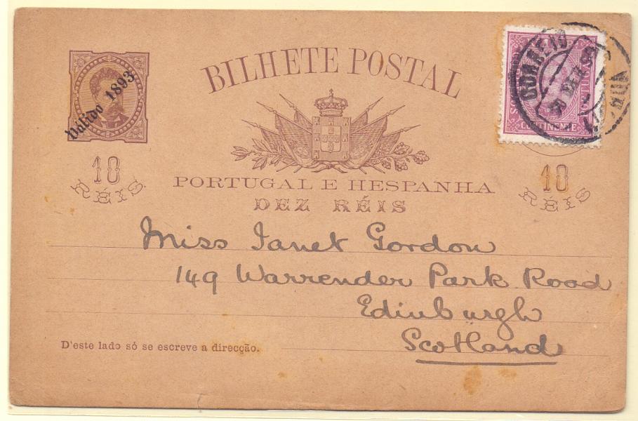 0193 f.jpg -     Lote:    193 (frente)            Portugal       Descrição:         1893 &mdash; D. Luís I, de frente, com sobrecarga "Válido 1893". OM19, 10 reis. Lote de dois inteiros: um circulado com selo adicional de 10 reis CE69 de Lisboa (20.12.95) para a Escócia, e outro circulado do Porto para Penafiel com a sobrecarga deslocada.        IC       Valor Base:     &euro; 15,00     Valor Venda:     &euro; 18,00     